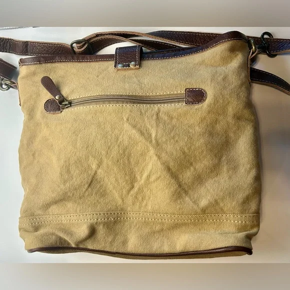 Myra Bag Yellow Western Shoulder Bag Gray Hairon Cowhide Canvas & Leather EUC - Picture 4 of 11